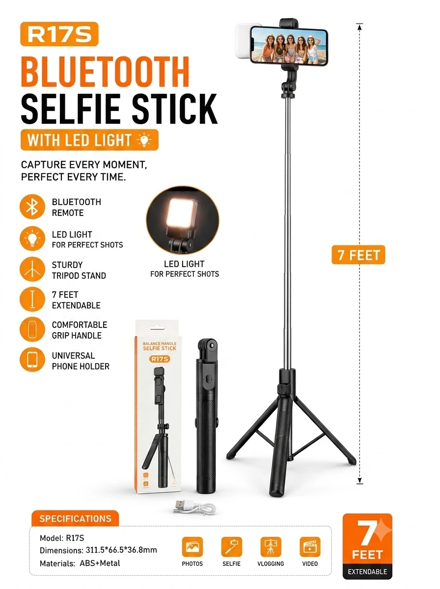 R17S Bluetooth Selfie Stick Tripod with LED Light – 7 Feet Extendable
