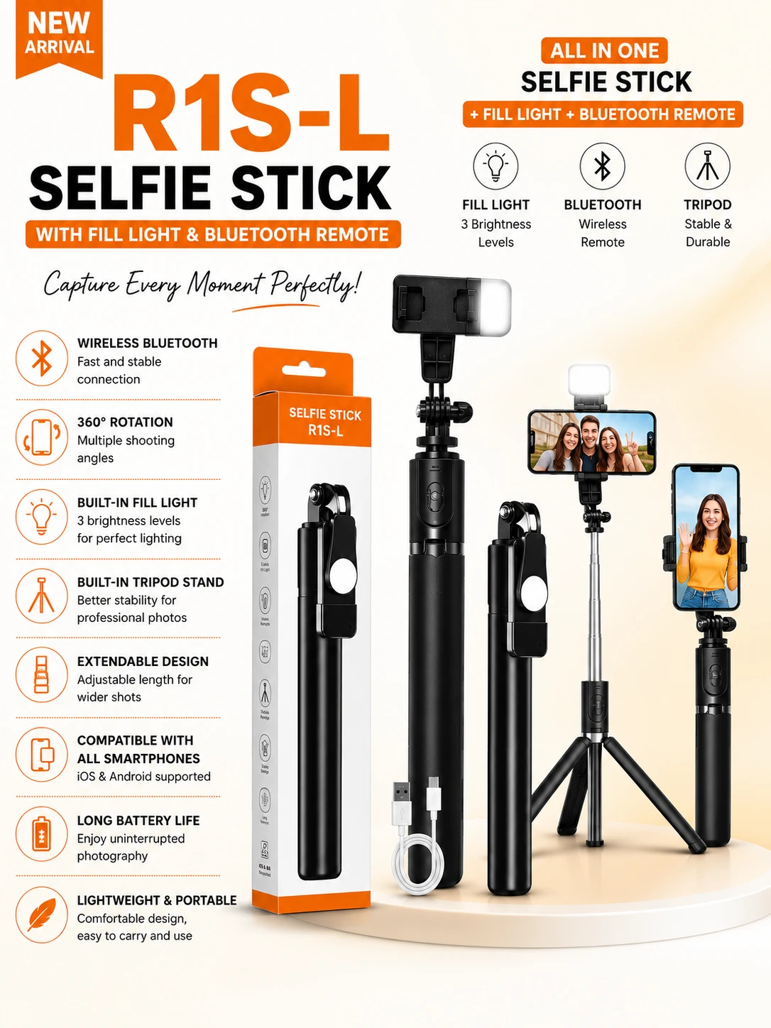 R1S-L Selfie Stick with Fill Light & Bluetooth Remote