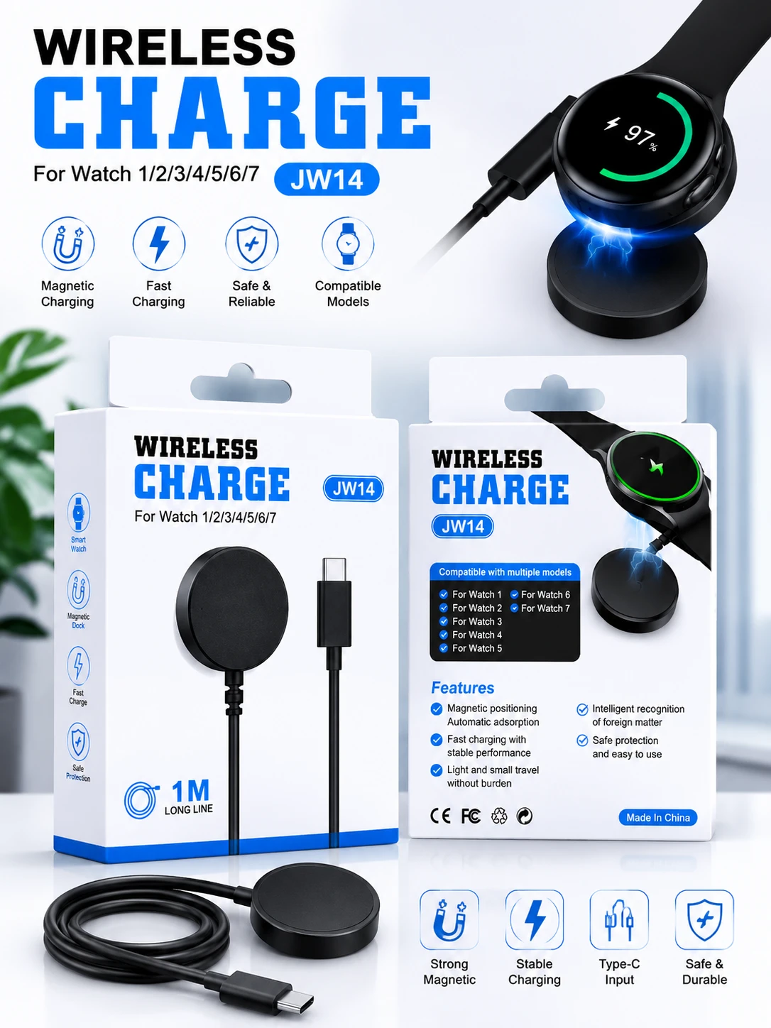 JW14 Magnetic Wireless Smart Watch Charger – Type-C Fast Charging  (1M Cable)