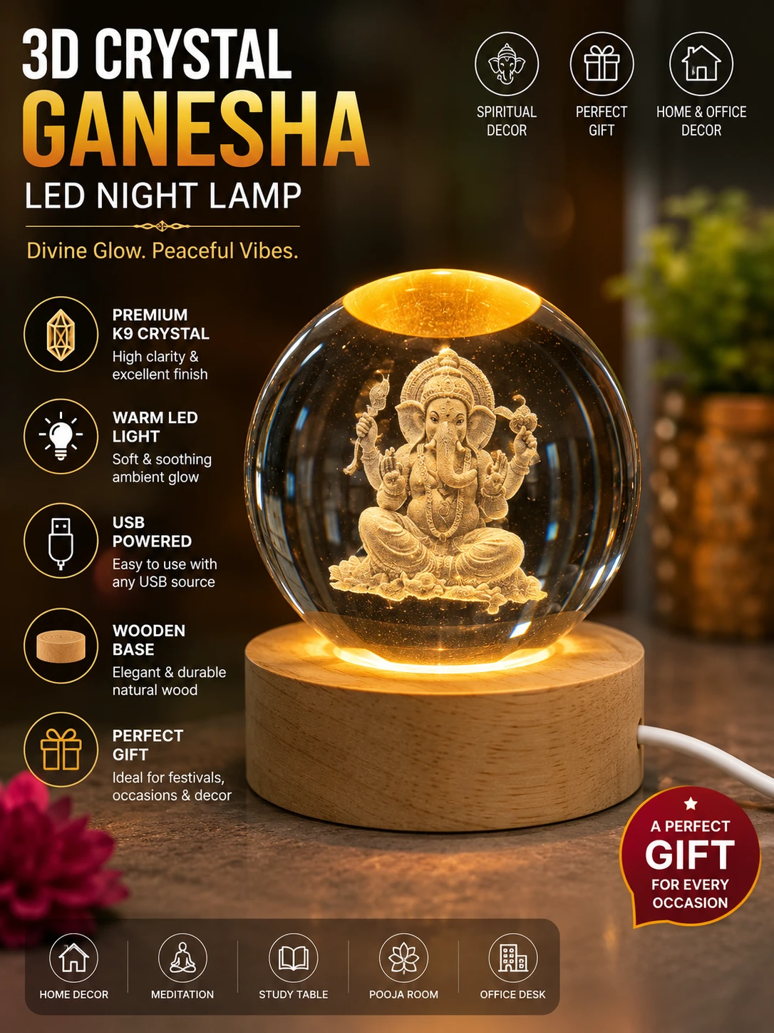 3D Crystal Ganesha LED Night Lamp with Wooden Base