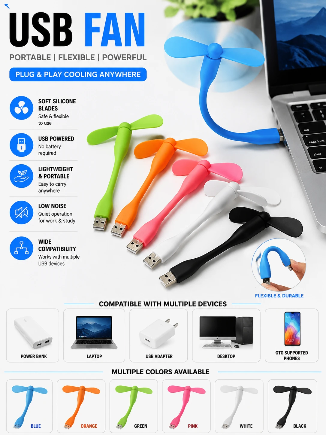 Portable USB Mini Cooling Fan for Power Bank, Laptop & USB Devices