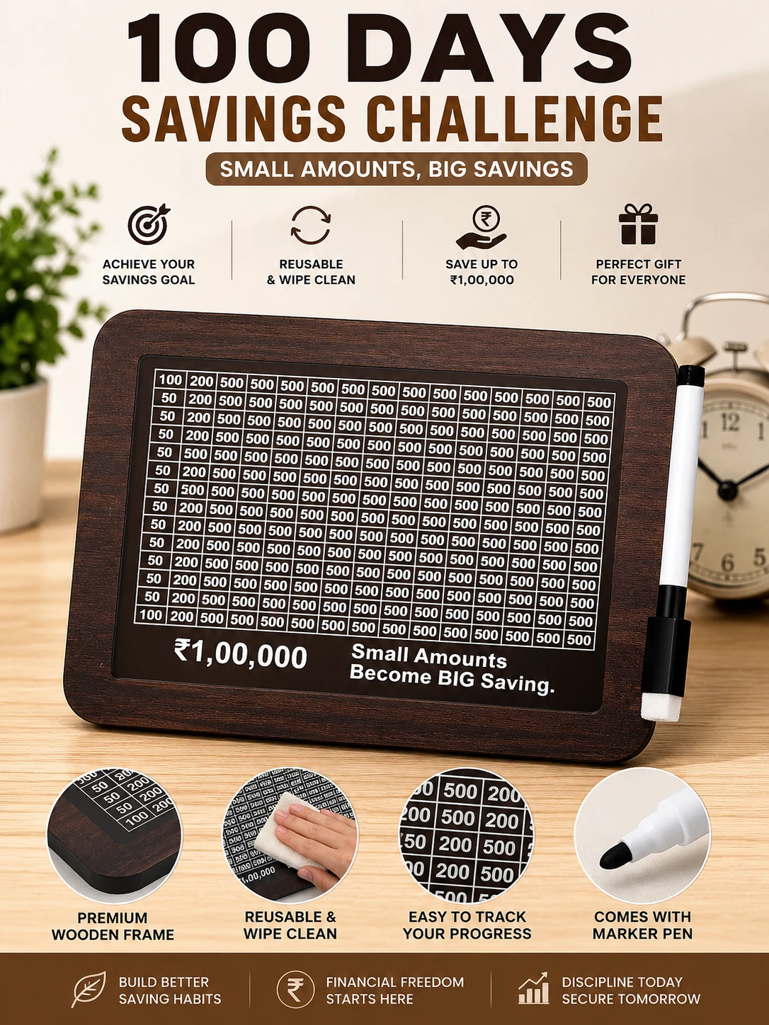 100 Days Savings Challenge Board with Marker – Reusable Money Saving Tracker