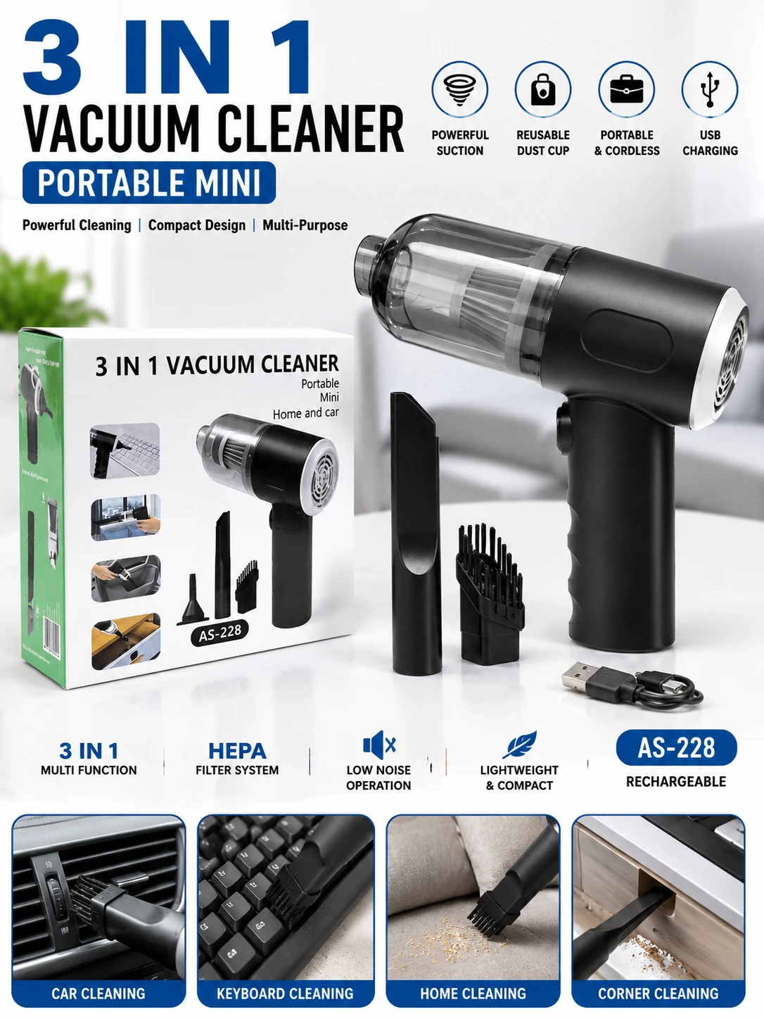 3-in-1 Portable Mini Vacuum Cleaner AS-228 (Home & Car)
