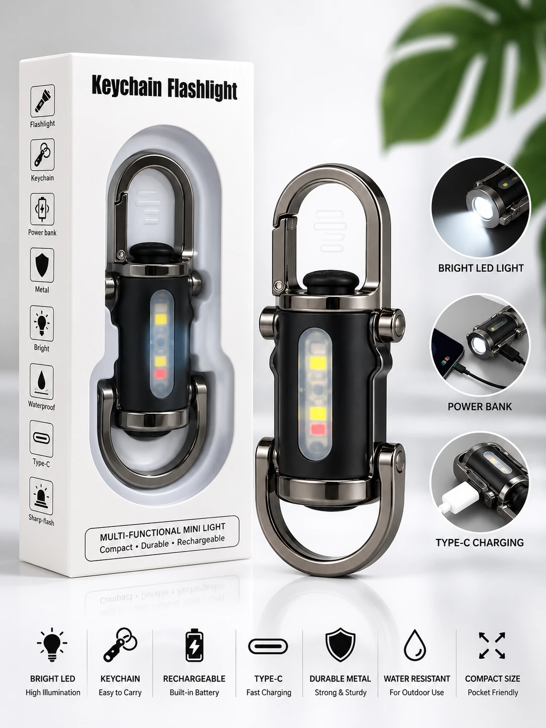 Keychain Flashlight with Type-C Charging & Power Bank
