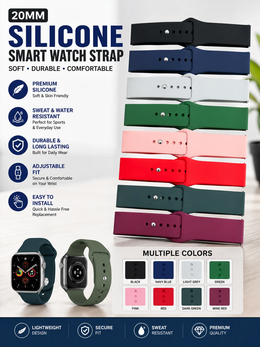 20MM Premium Silicone Smart Watch Strap